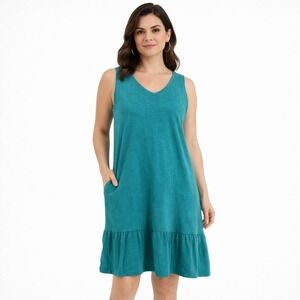J. Jill Teal Flounced Hem Dress Double V-Neck Pockets Petite Large Boho Summer